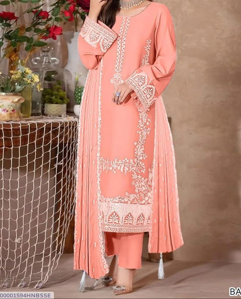 Charming Pink Suit Set - 3 Pcs! Embroidered Shirt and Dupatta with Plain Trouser