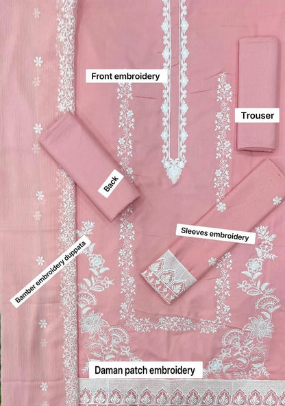 Charming Pink Suit Set - 3 Pcs! Embroidered Shirt and Dupatta with Plain Trouser