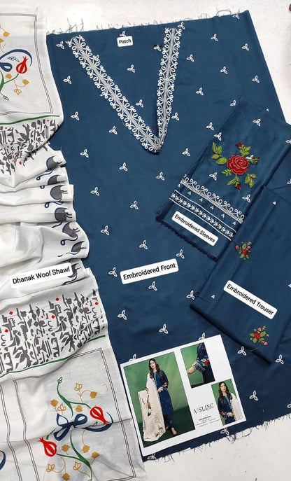 3 Pcs Woman's Unstitiched Embroidered Suit