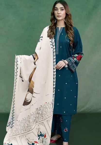 3 Pcs Woman's Unstitiched Embroidered Suit
